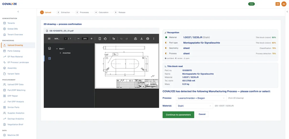 Drawing recognition: the technical layer of the part model