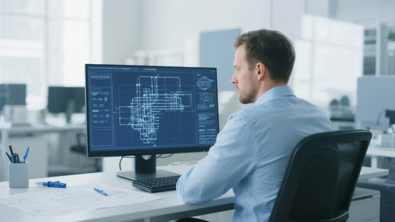 Engineer reviewing a 2D technical drawing on screen