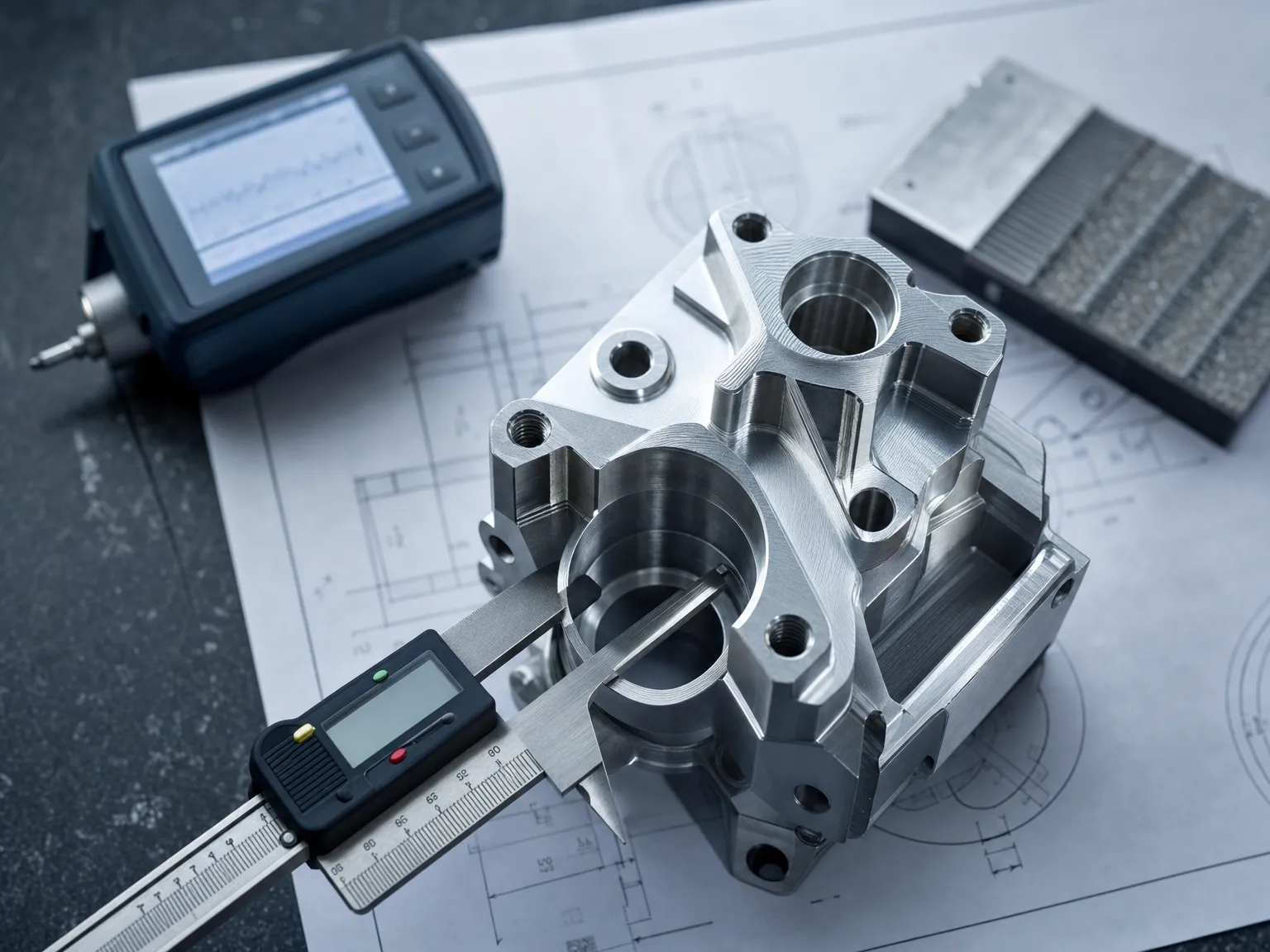 Technical drawing on a workbench with a matching milled aluminum component on top of it, digital calipers measuring a bore