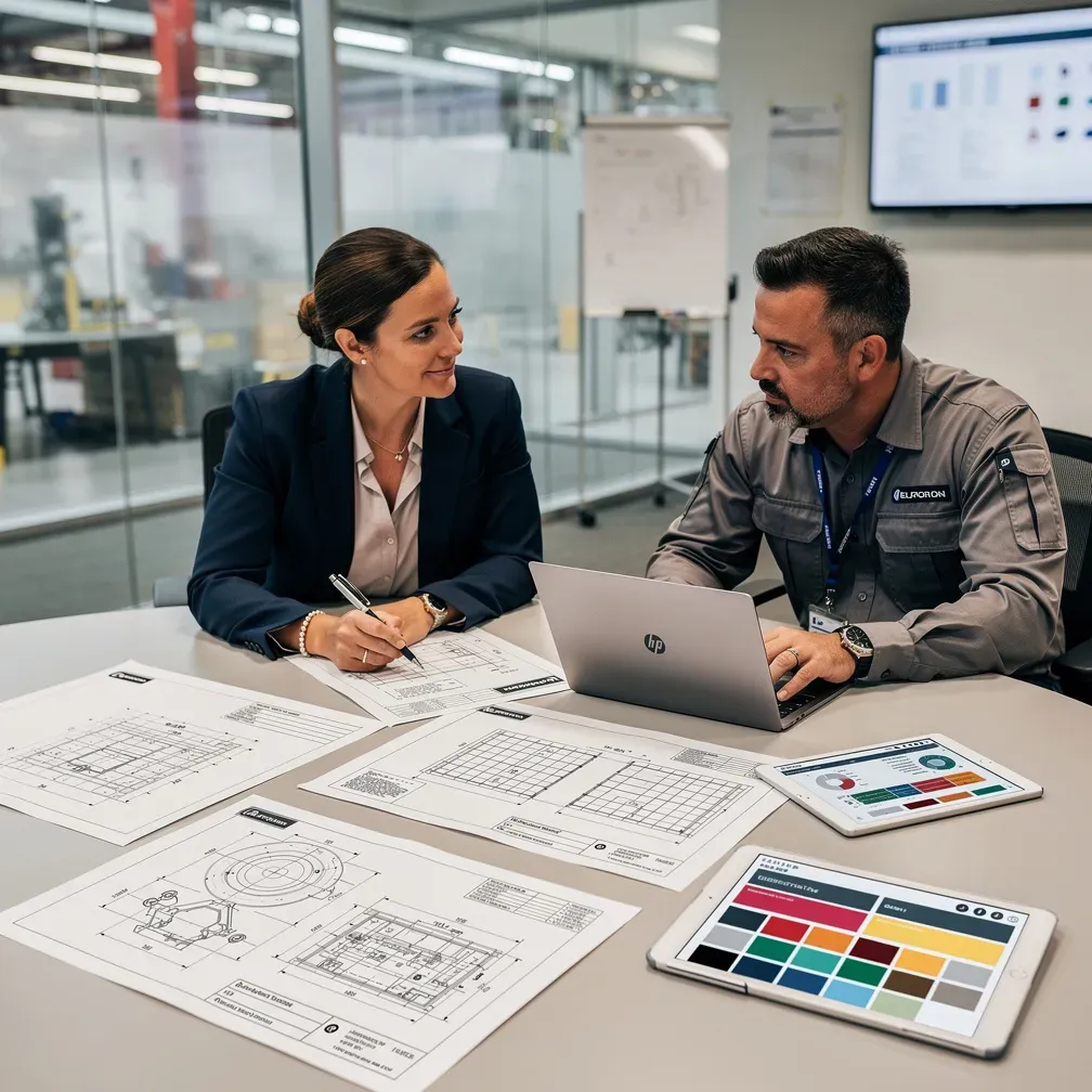 Engineer and analyst reviewing technical drawings on a tablet