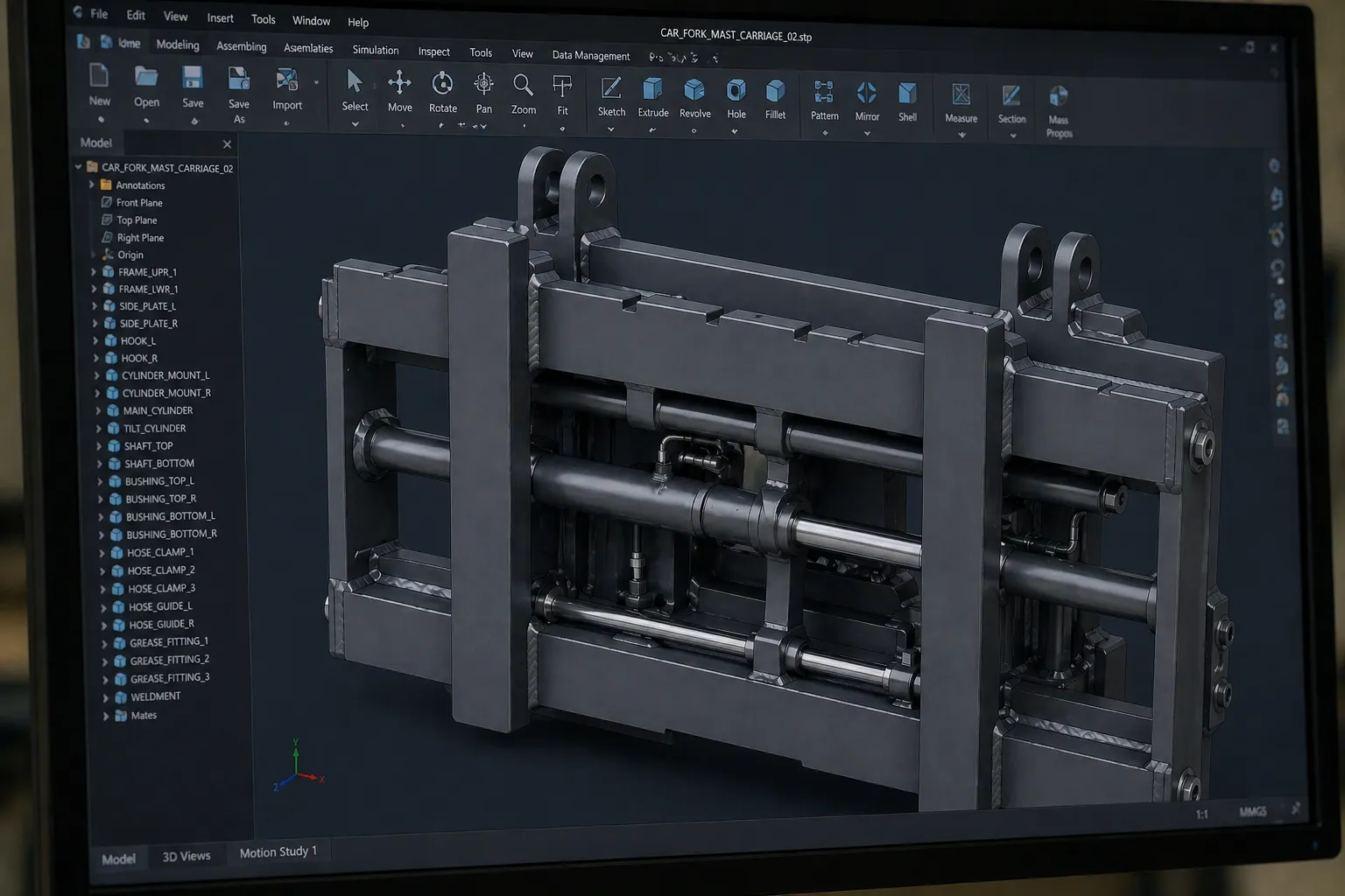 CAD model of a forklift carriage welded assembly