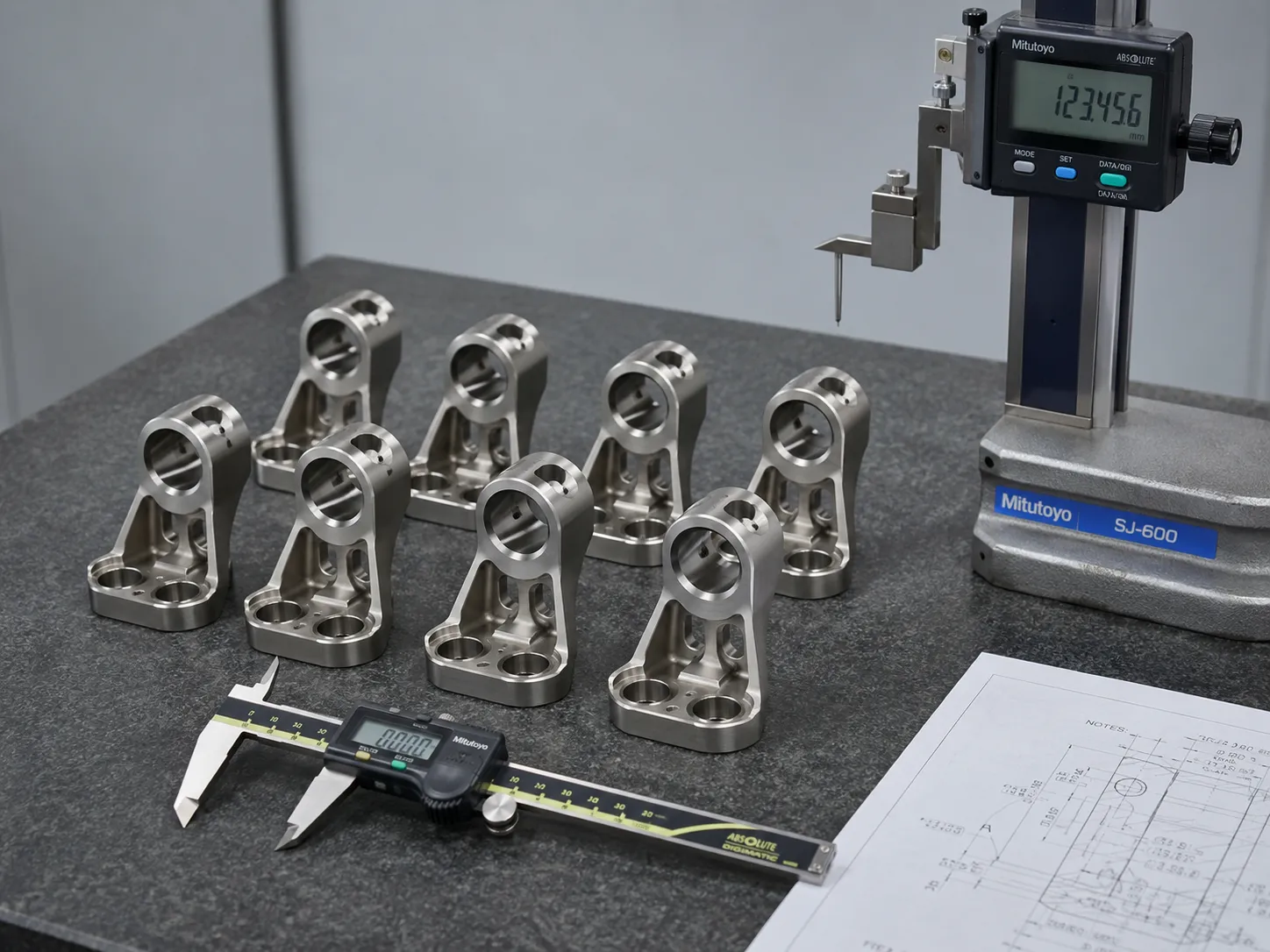 Small batch of machined aerospace parts on an inspection table