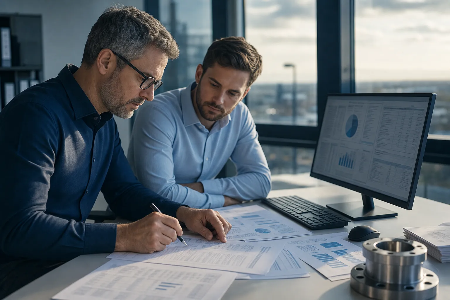 Two procurement analysts at a desk reviewing printed supplier quotations against a comparison view on a monitor