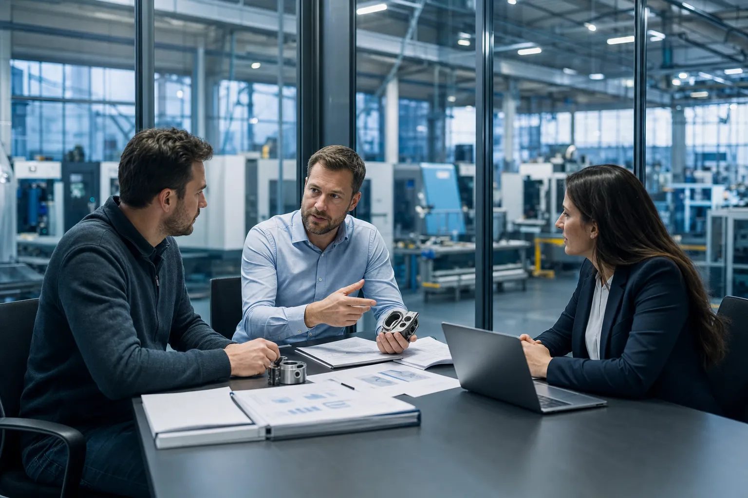 Three colleagues around a table in a glass-walled meeting room inside a manufacturing plant, reviewing a printed sourcing package with sample components on the table