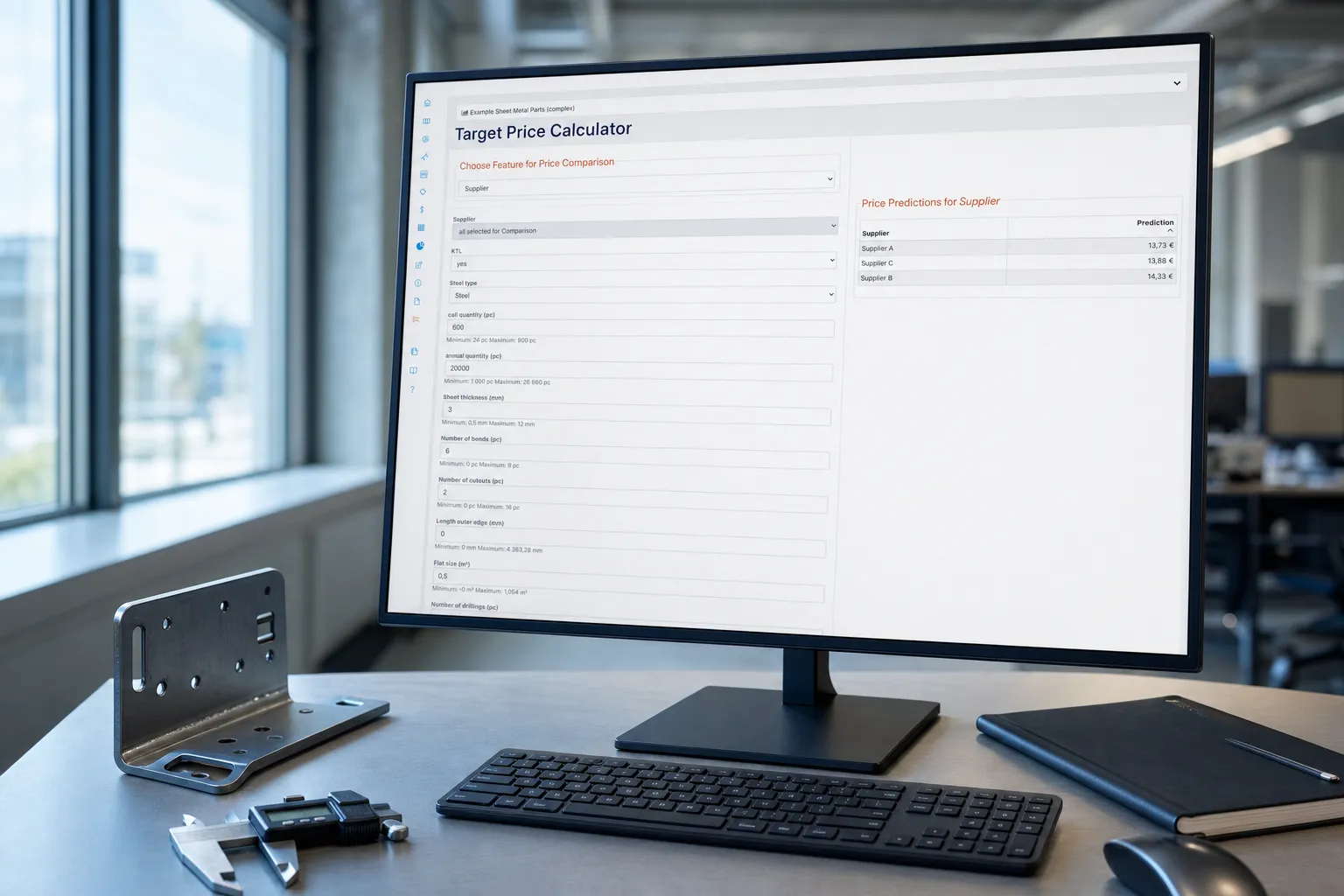 The COVALYZE Analytics Target Price Calculator on a monitor at an engineering desk, a folded sheet-metal bracket and digital calipers beside the keyboard
